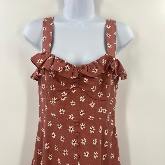 Zara Pink Floral Linen Blend Midi Dress Small Ruffle Button Front Slit Boho - Picture 6 of 8